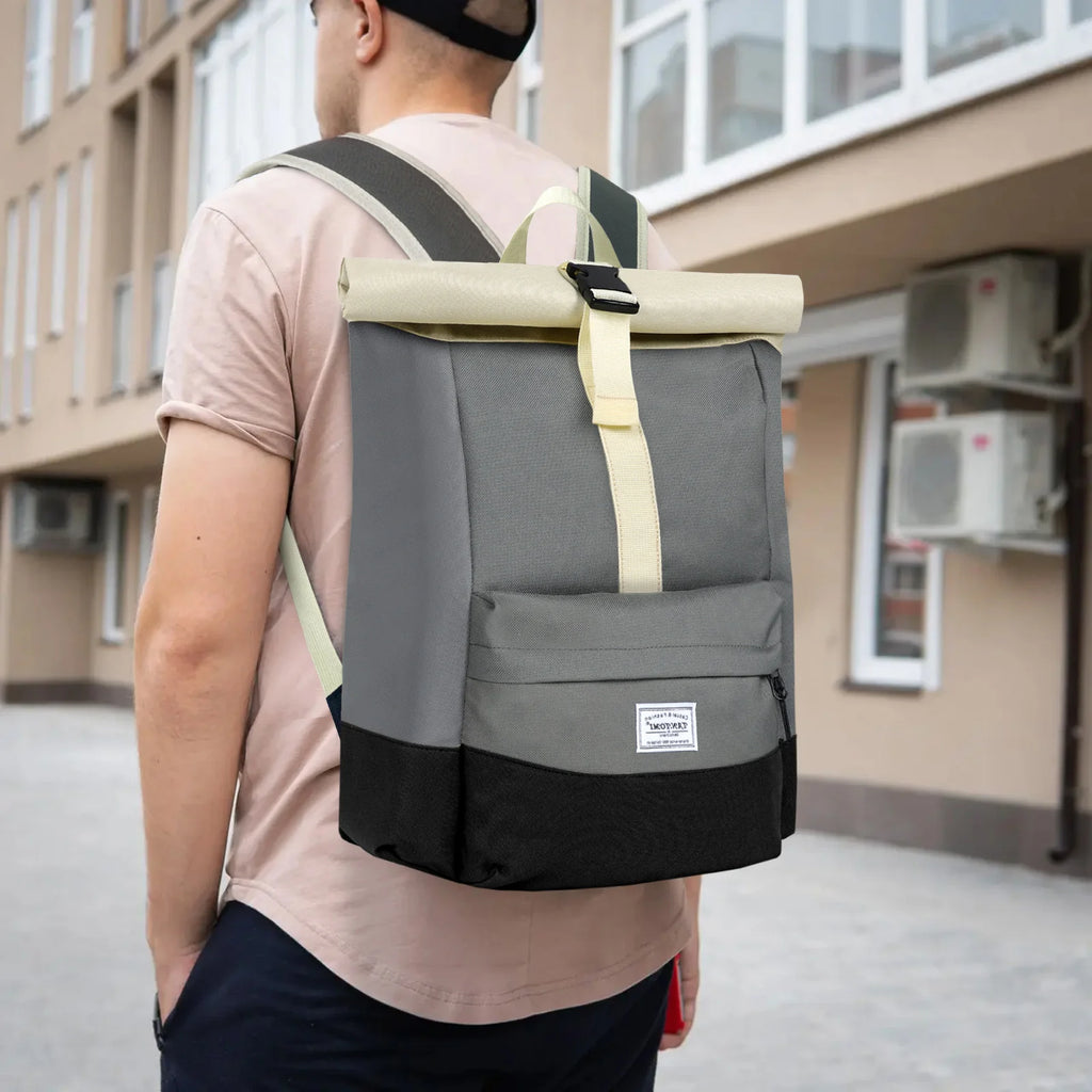 Sac à Dos Roll Top Gris et Noir – Sac Urbain Minimaliste pour Travail et Voyage