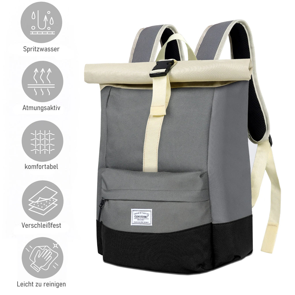 Sac à Dos Roll Top Gris et Noir – Sac Urbain Minimaliste pour Travail et Voyage