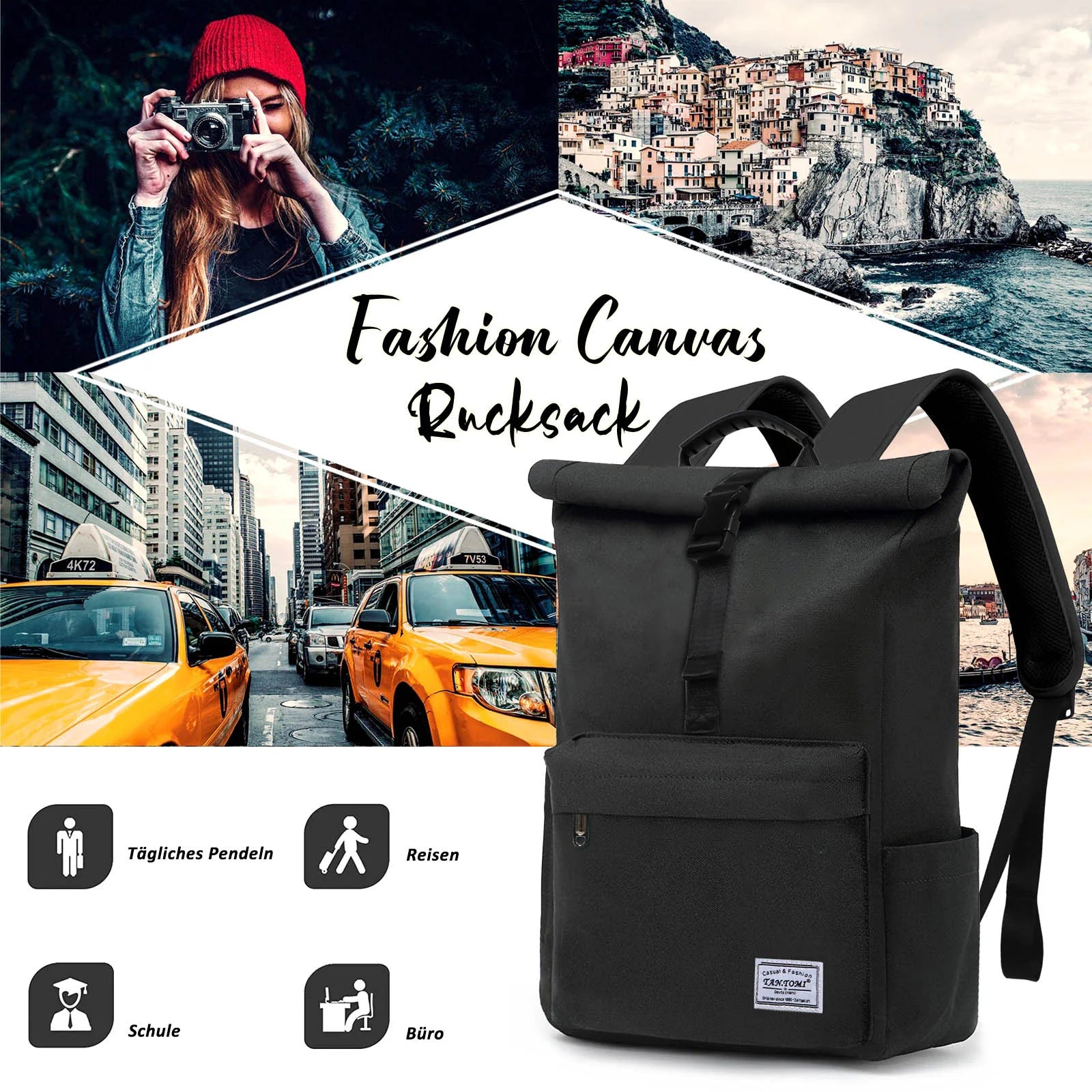 Sac à Dos Roll Top Urbain Noir – Sac Ordinateur Étanche et Pratique pour le Quotidien